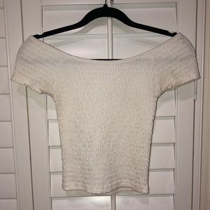 Off the shoulder, white rouched crop top